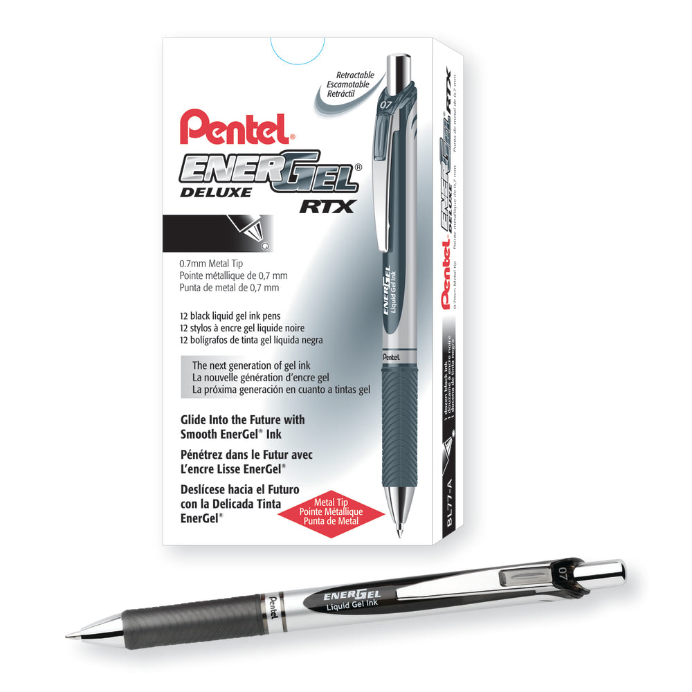 Pentel EnerGel Retractable Liquid Gel Pens, Medium Point, 0.7 mm, Silver Barrel, Black Ink, Pack Of 12