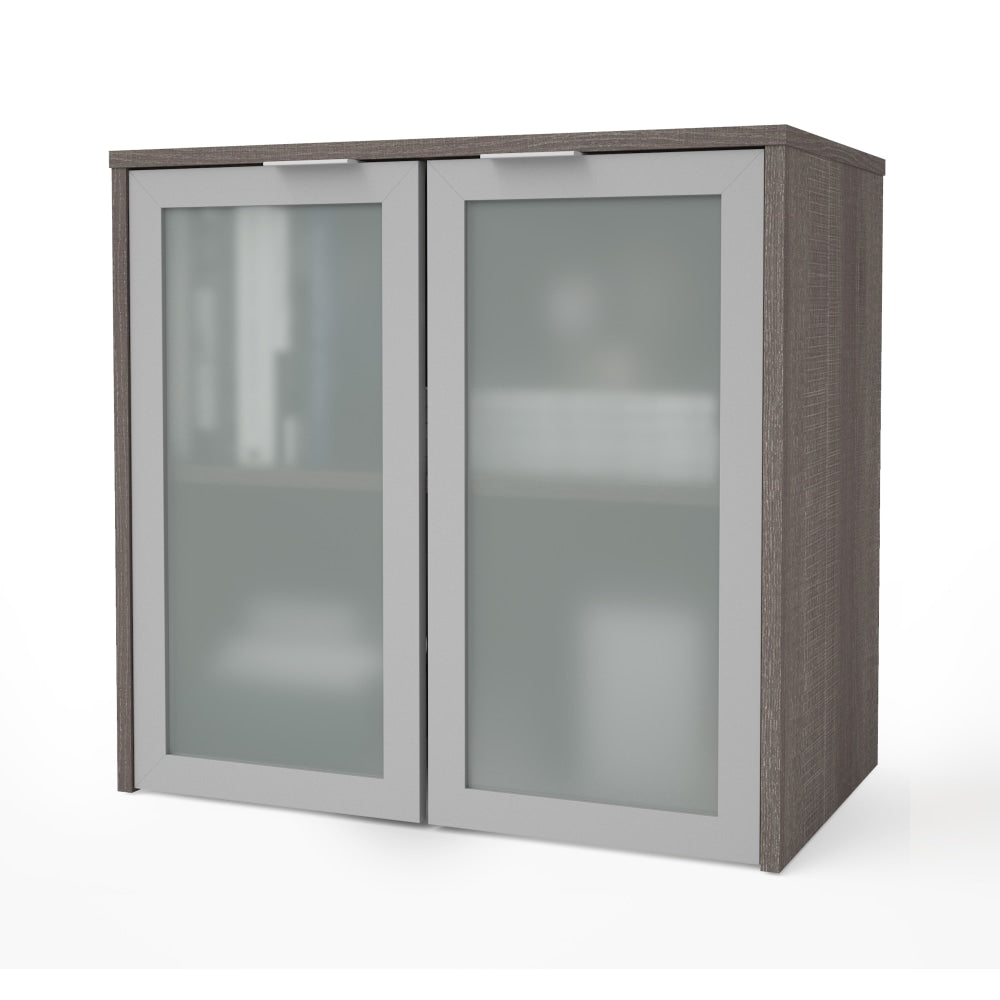 Bestar i3 Plus 31inW Hutch With Frosted Glass Doors, Bark Gray