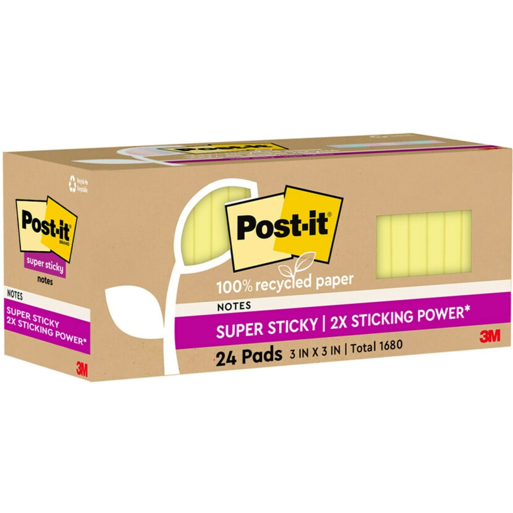 Post-it Super Sticky Recycled Notes, 3 in x 3 in, 24 Pads, 70 Sheets/Pad, 2x the Sticking Power, Canary Yellow, 100% Recycled