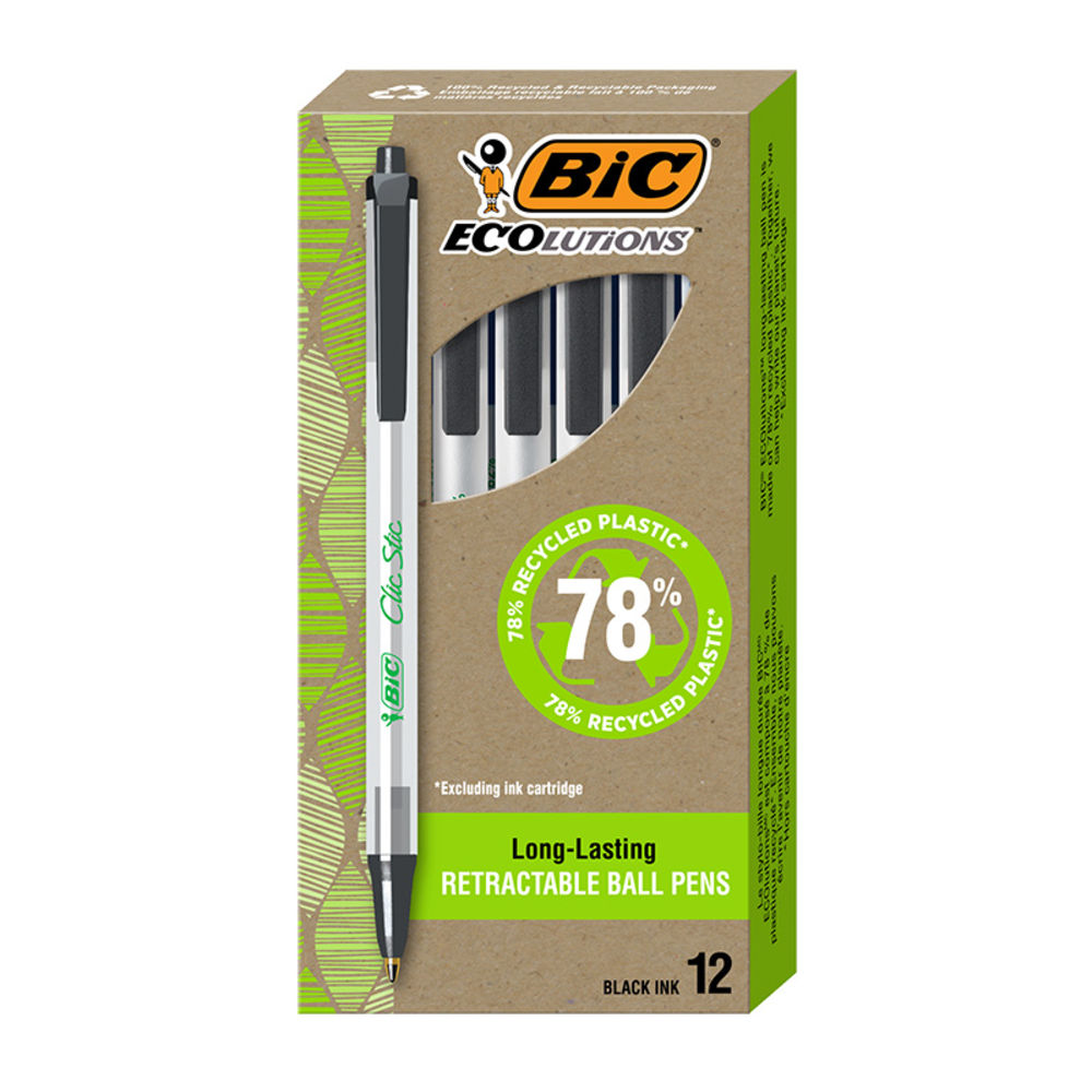 BIC Ecolutions Clic Stic Retractable Ballpoint Pens, Medium Point, 1.0 mm, Clear Barrel, Black Ink, Pack Of 12