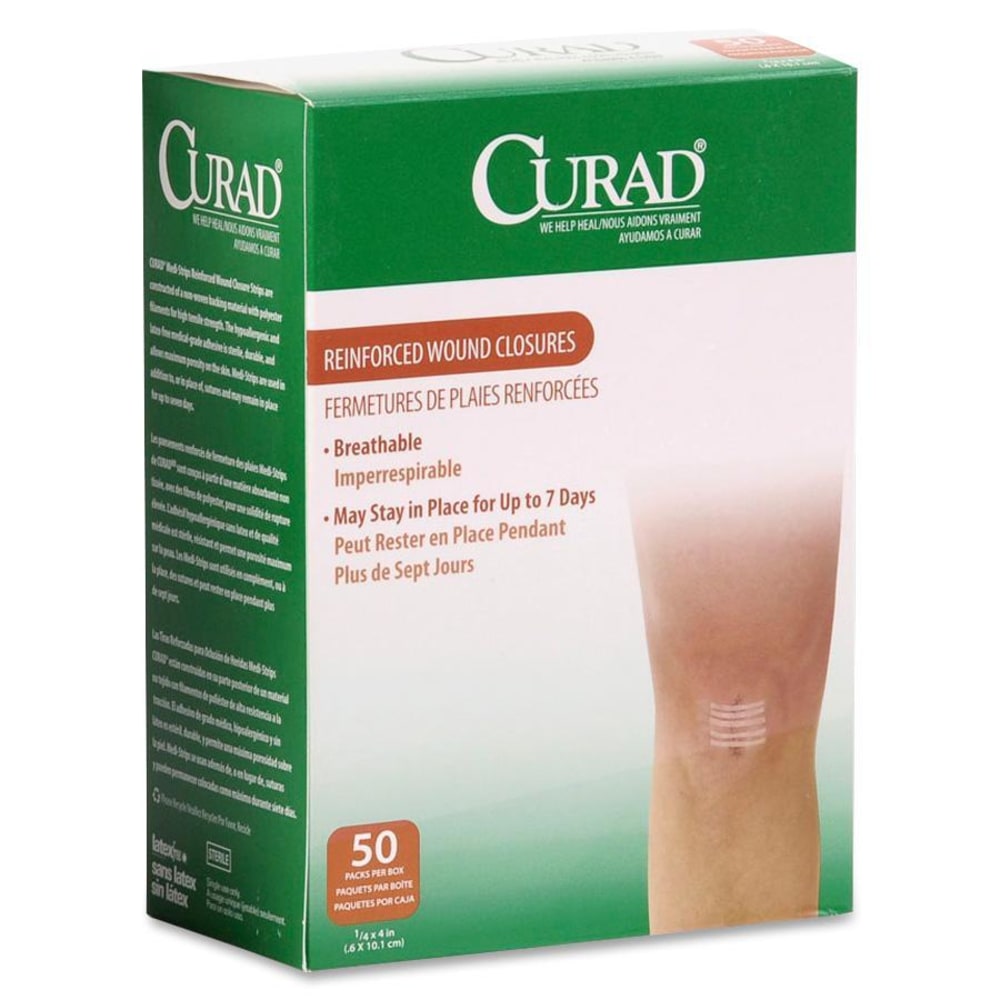 CURAD Sterile Medi-Strips Reinforced Wound Closures, 1/4in x 4in, White, 10 Per Pack, Box Of 50 Packs