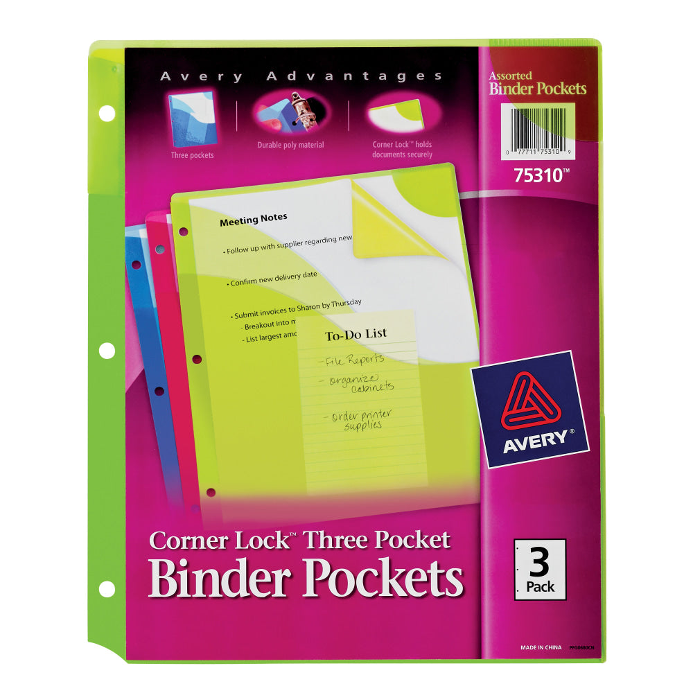 Avery Corner Lock 3-Pocket Binder Pockets, 20 Sheet Capacity, Assorted Colors, Pack Of 3