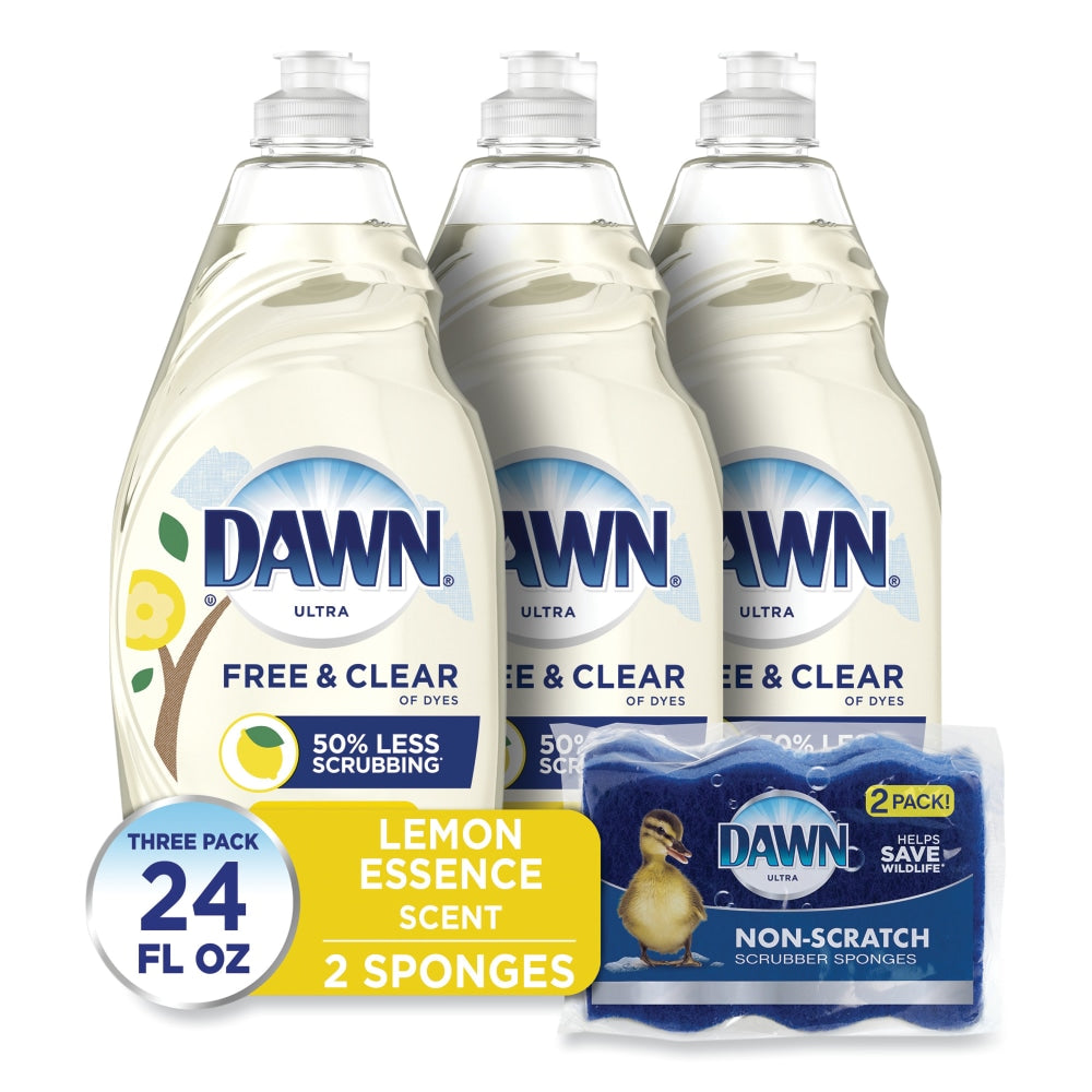 Dawn Platinum Liquid Dish Detergent, Lemon Scent, 24 Oz, Carton Of 3 Bottles/2 Sponges