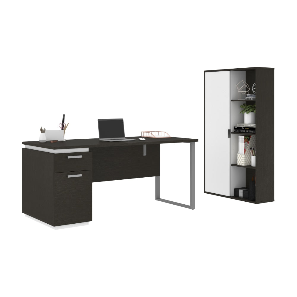 Bestar Aquarius 66inW Computer Desk With Single Pedestal And Storage Cabinet, Deep Gray And White