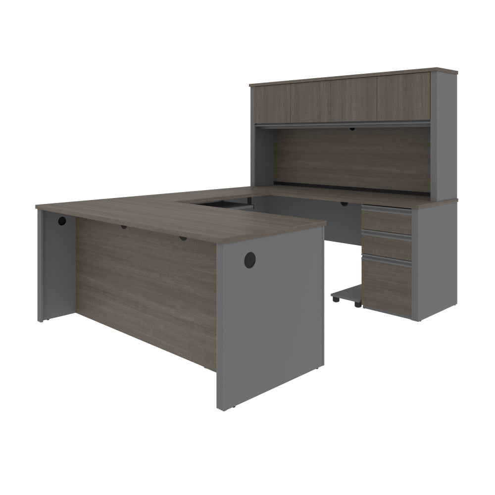 Bestar Prestige + 72inW U-Shaped Executive Computer Desk With 2 Pedestals And Hutch, Bark Gray/Slate