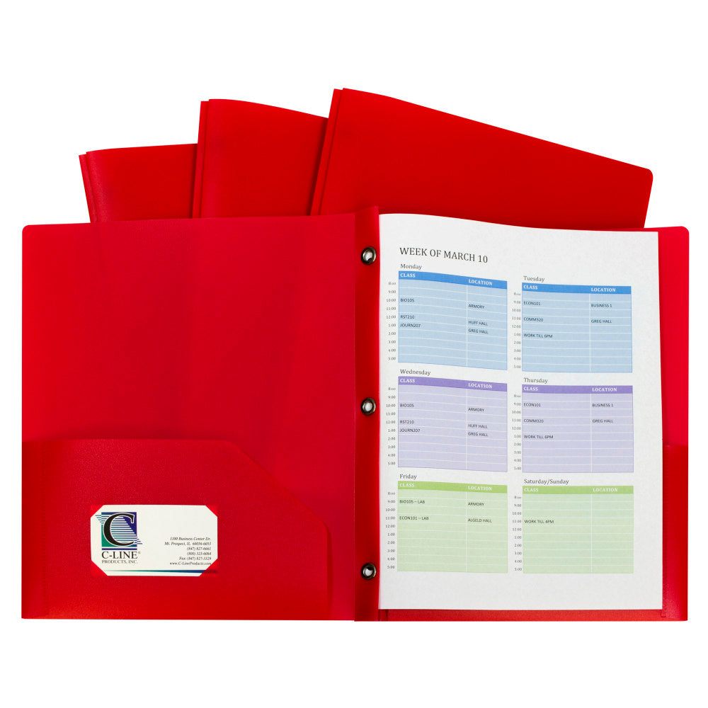 C-Line 2-Pocket Heavyweight Poly Portfolio Folders With Prongs, 8-1/2in x 11in, Red, 10 Folders Per Pack, Set Of 2 Packs