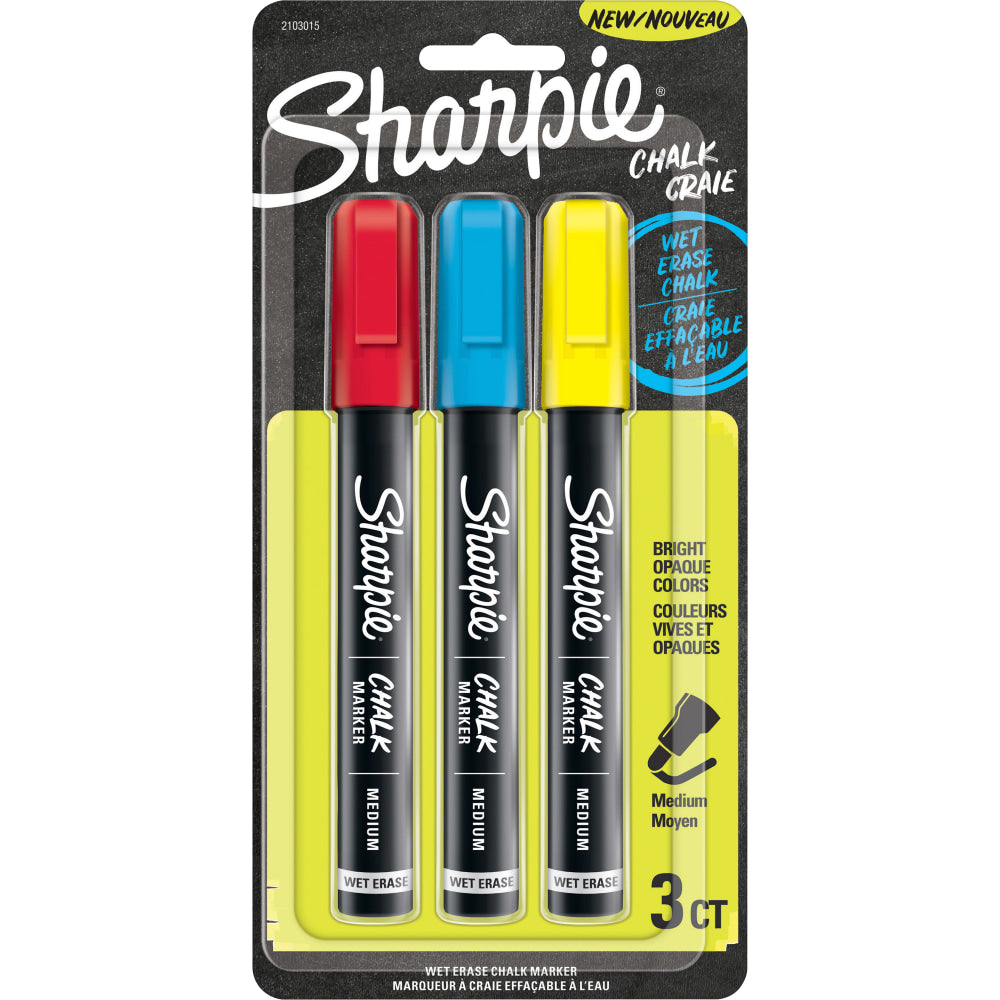 Sharpie Wet-Erase Chalk Markers, Medium Point, Black Barrel, Assorted Ink Colors, Pack Of 3 Markers