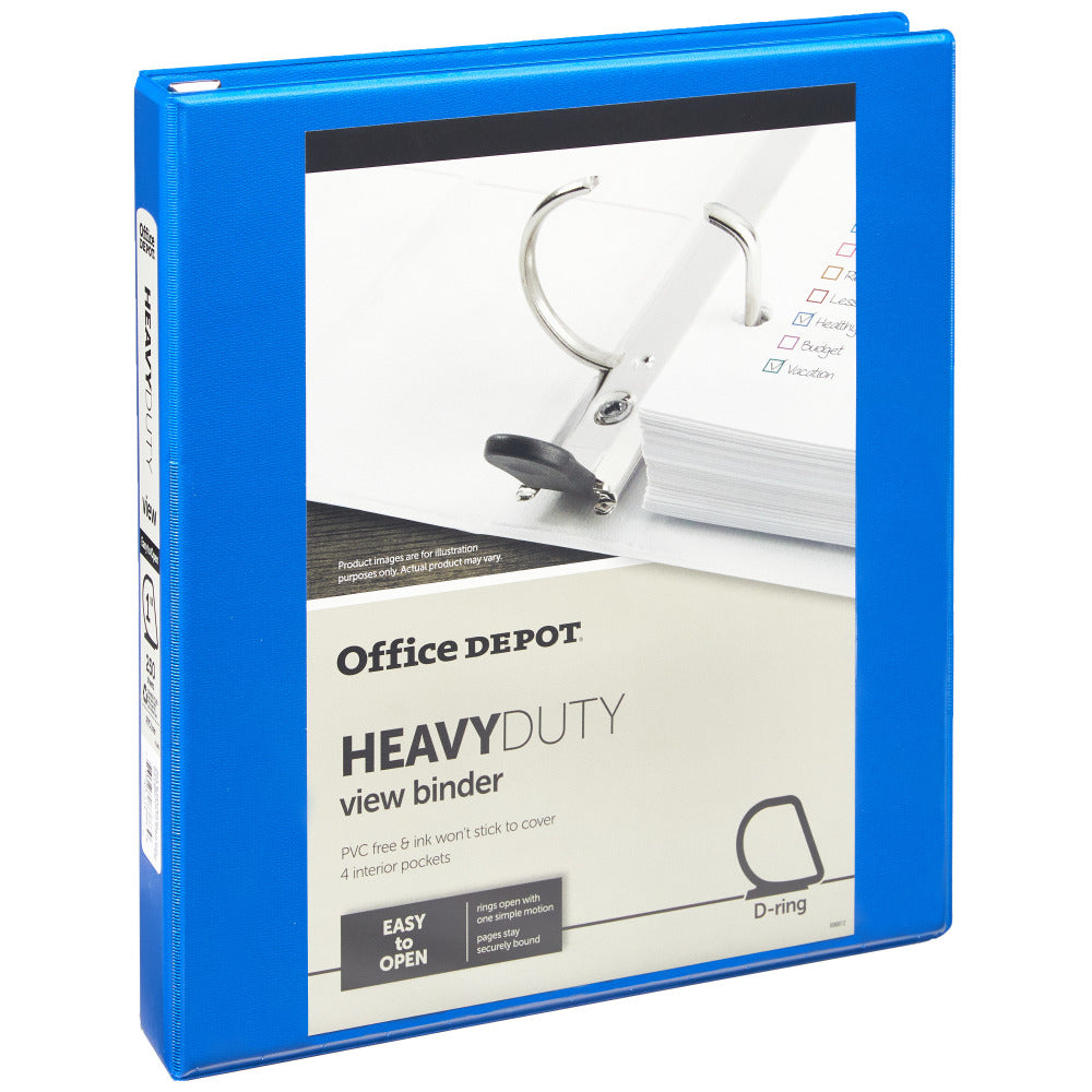 Office Depot Brand Heavy-Duty View 3-Ring Binder, 1in D-Rings, Blue