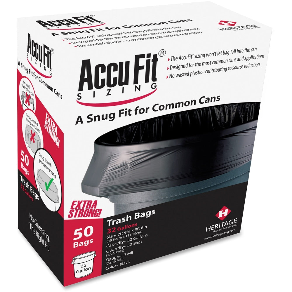 Heritage Accufit Reprime 32 Gallon Can Liners - 32 gal Capacity - 33in Width x 44in Length - 0.90 mil (23 Micron) Thickness - Low Density - Black - Linear Low-Density Polyethylene (LLDPE) - 6/Carton - 50 Per Box - Garbage