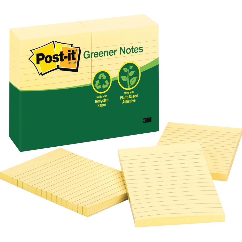 Post-it Greener Notes, 4 in. x 6 in., 12 Pads, 100 Sheets/Pad, Canary Yellow, Lined