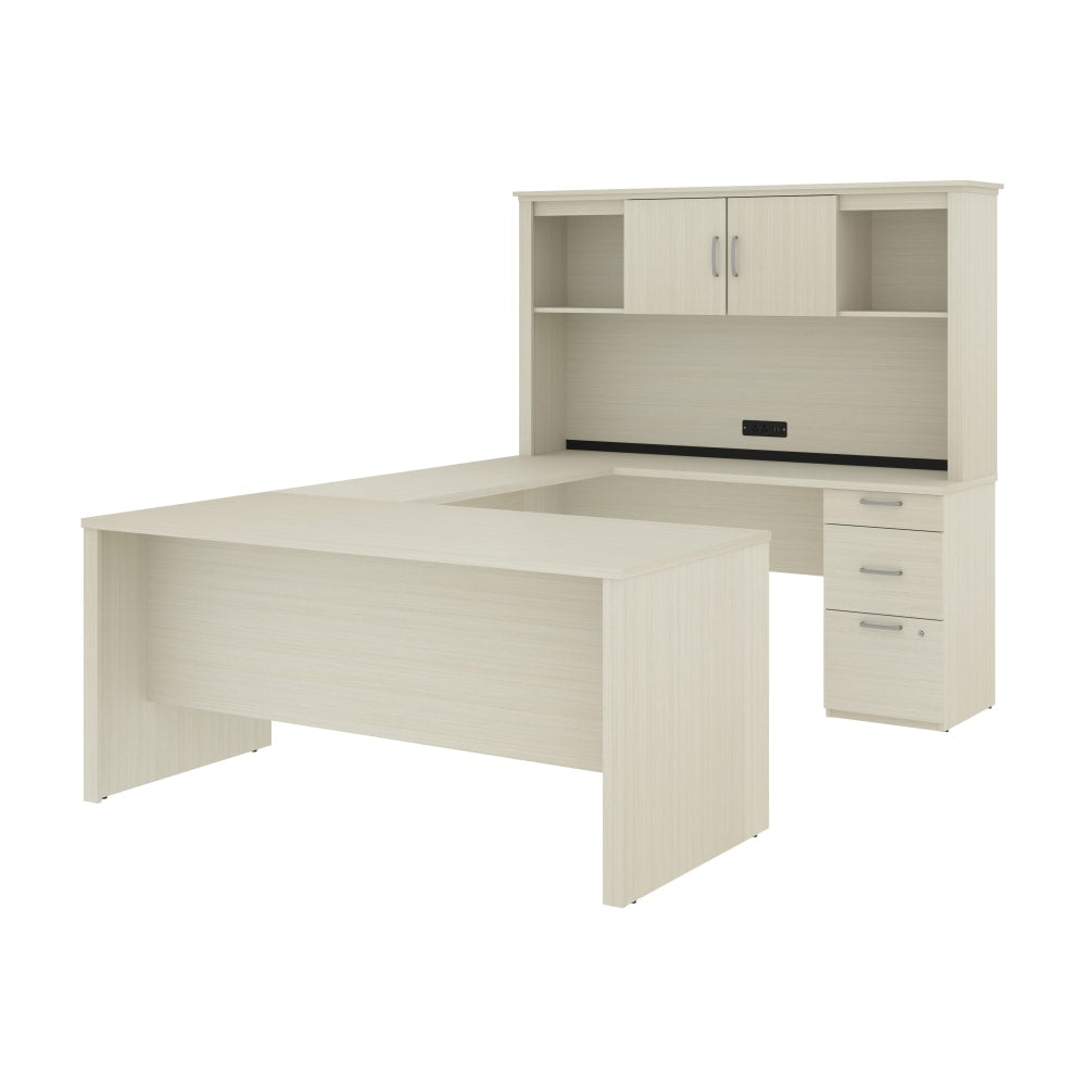 Bestar Logan 66inW U- Or L-Shaped Executive Corner Desk With Pedestal And Hutch, White Chocolate