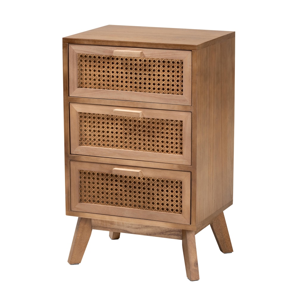 Baxton Studio Baden Nightstand With Rattan, 3-Drawer, 26inH x 15-3/4inW x 11-13/16inD, Natural/Walnut Brown