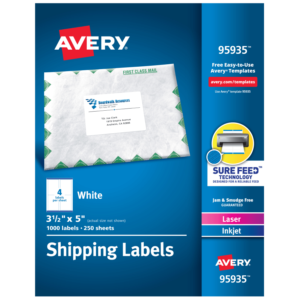 Avery Shipping Labels, Sure Feed Technology, Permanent Adhesive, 3-1/2in x 5in, 1,000 Labels (95935)