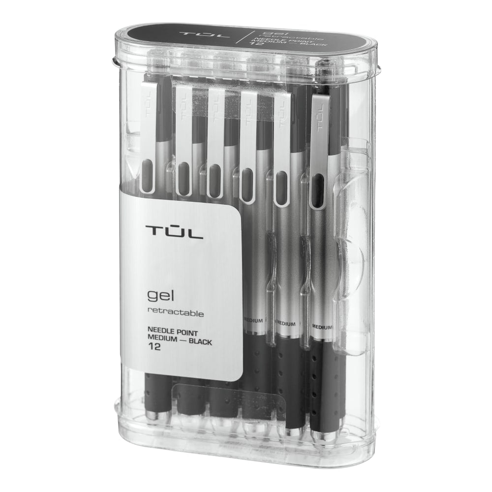 TUL GL Series Retractable Gel Pens, Needle Point, 0.7 mm, Silver Barrel, Black Ink, Pack Of 12 Pens