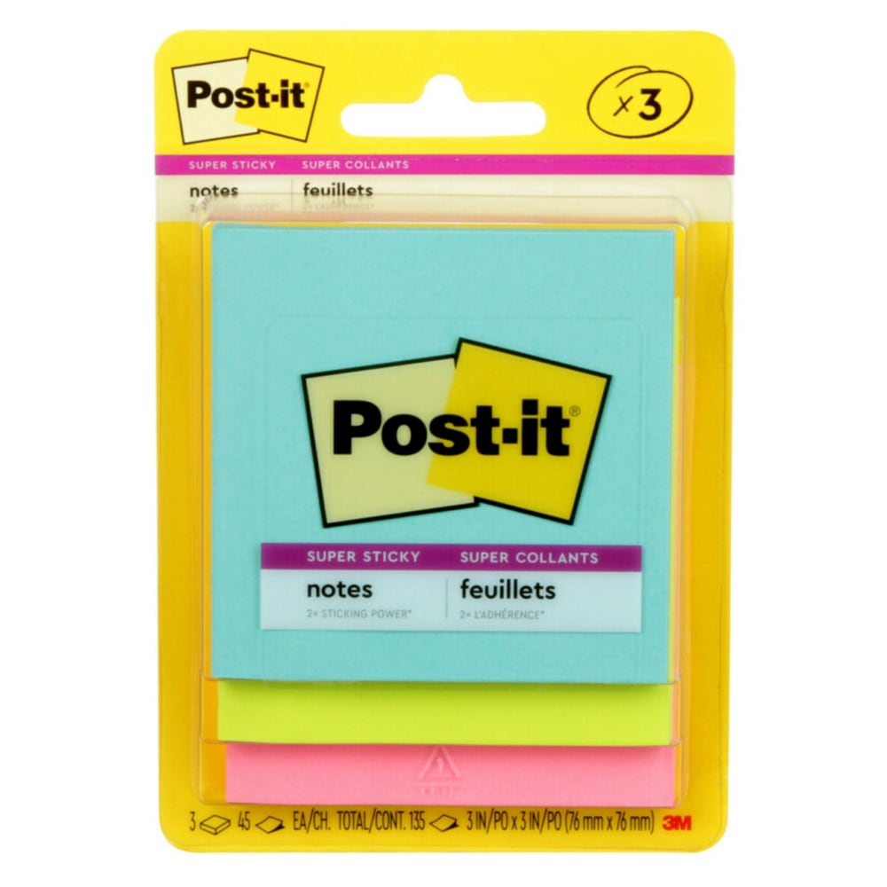 Post-it Super Sticky Notes, 3 in x 3 in, 3 Pads, 45 Sheets/Pad, 2x the Sticking Power, Supernova Neons Collection