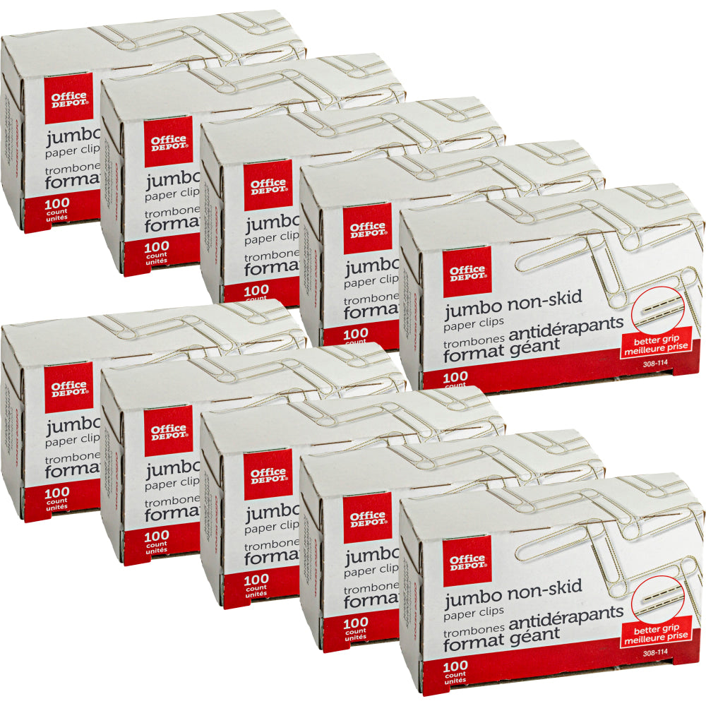 Office Depot Brand Non-Skid Paper Clips, Jumbo, Silver, Pack Of 10 Boxes, 100 Clips Per Box, 1,000 Total