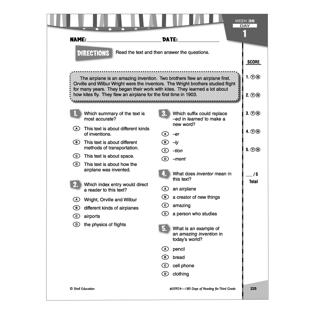 Shell Education 180 Days Of Reading Workbook, Grade 3