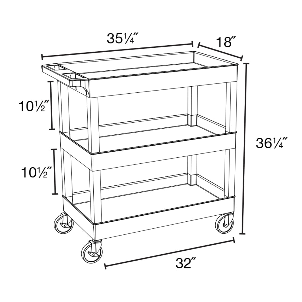 Luxor E-Series 3-Tub Plastic Utility Cart, 36 1/4inH x 35 1/4inW x 18inD, Black