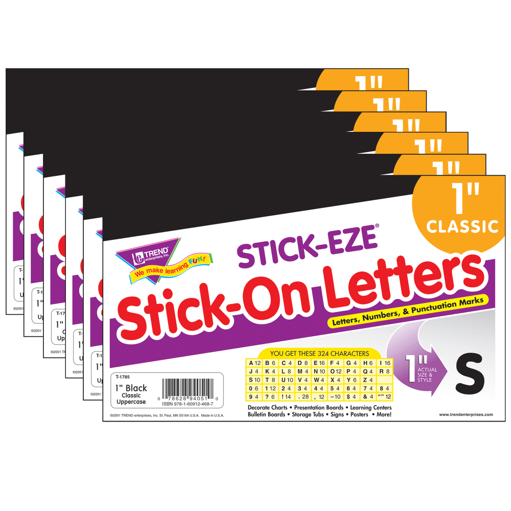 TREND STICK-EZE Stick-On Letters, 1in, Black, 324 Pieces Per Pack, Set Of 6 Packs