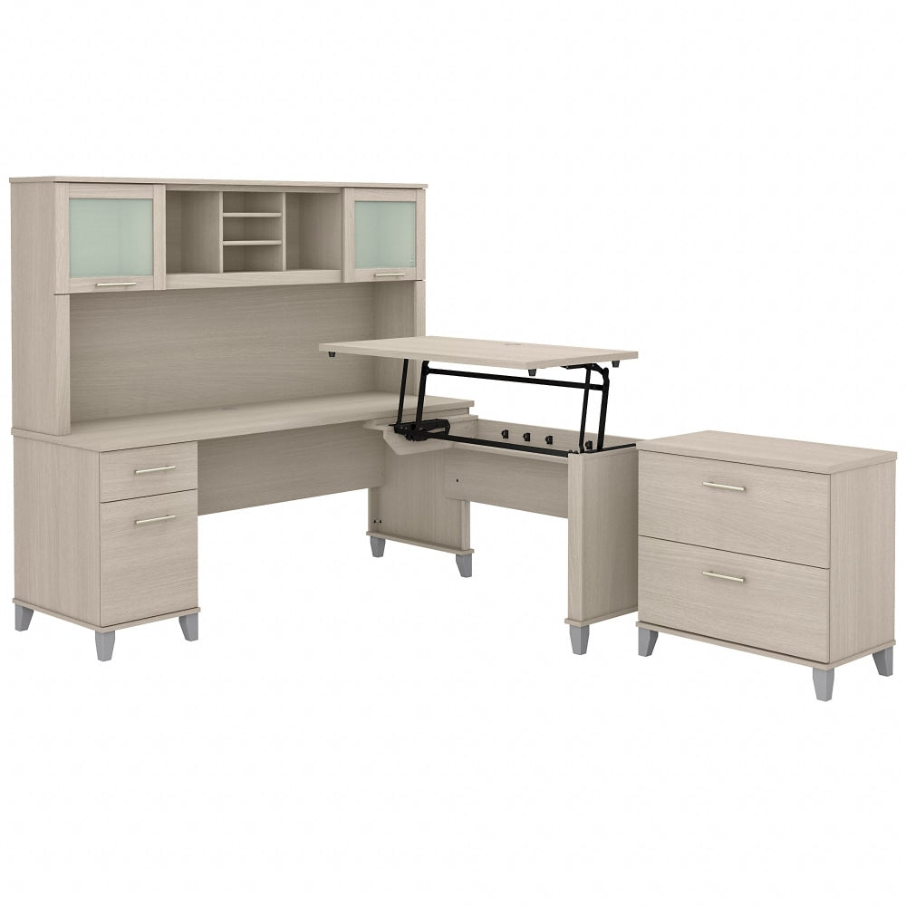 Bush Furniture Somerset 72inW 3-Position Sit-to-Stand L-Shaped Desk With Hutch And File Cabinet, Sand Oak, Standard Delivery