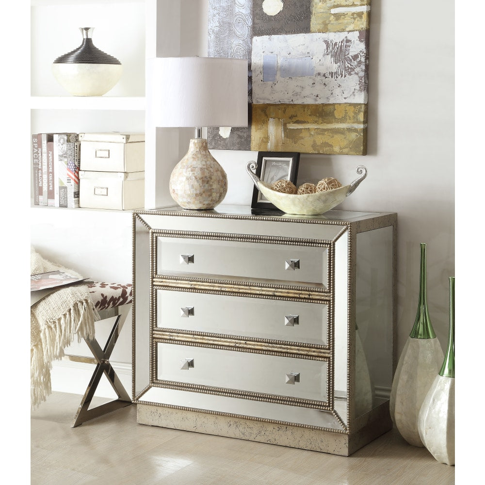 Coast to Coast Mirrored 3-Drawer Chest, 30inH x 32inW x 16inD, Champagne/Mirror