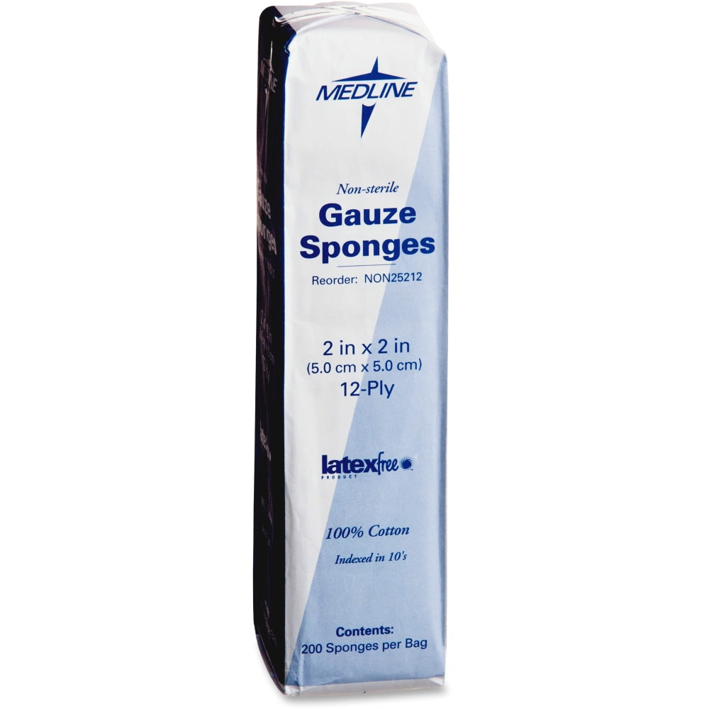 Medline Non-Sterile Woven Gauze Sponges, 12-Ply, 2in x 2in, White, Box Of 200