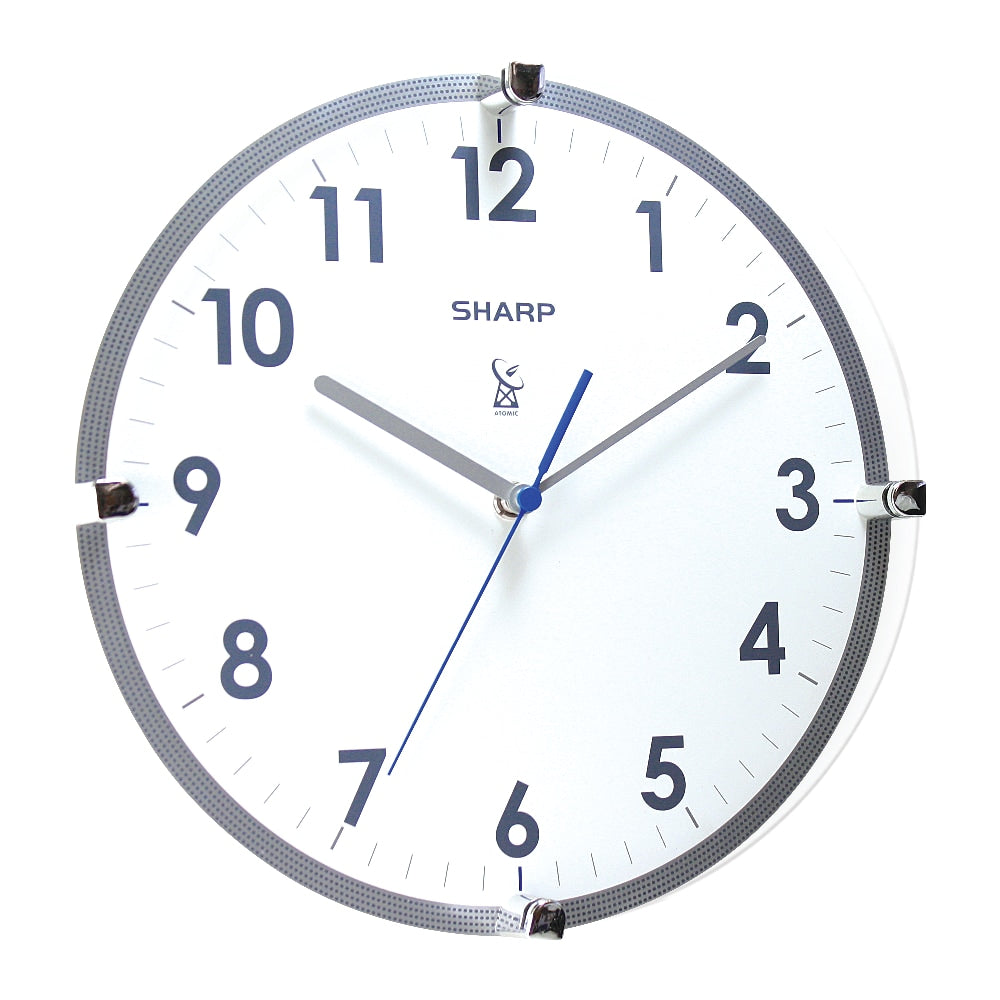 Sharp Atomic Round Wall Clock, 11in, White/Silver