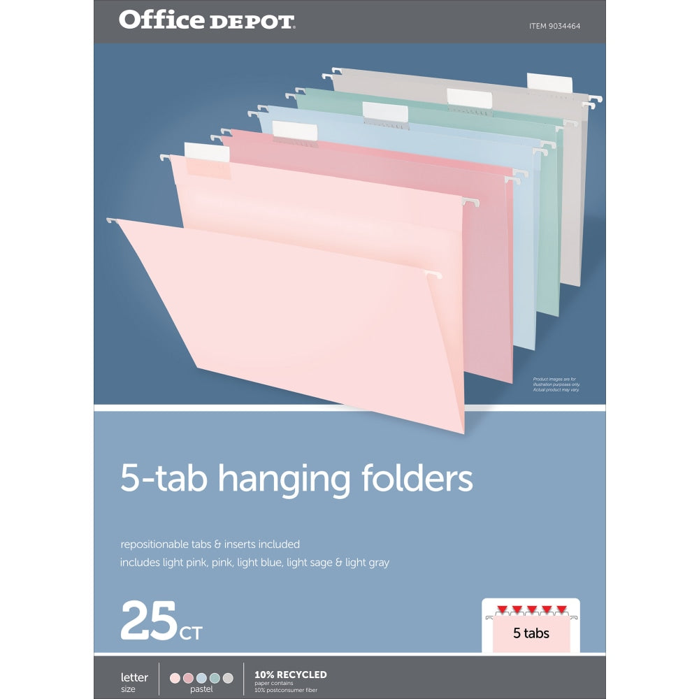 Office Depot Brand Hanging File Folders, 1/5-Cut, Letter Size, Assorted Pastel Colors, Pack Of 25 Folders