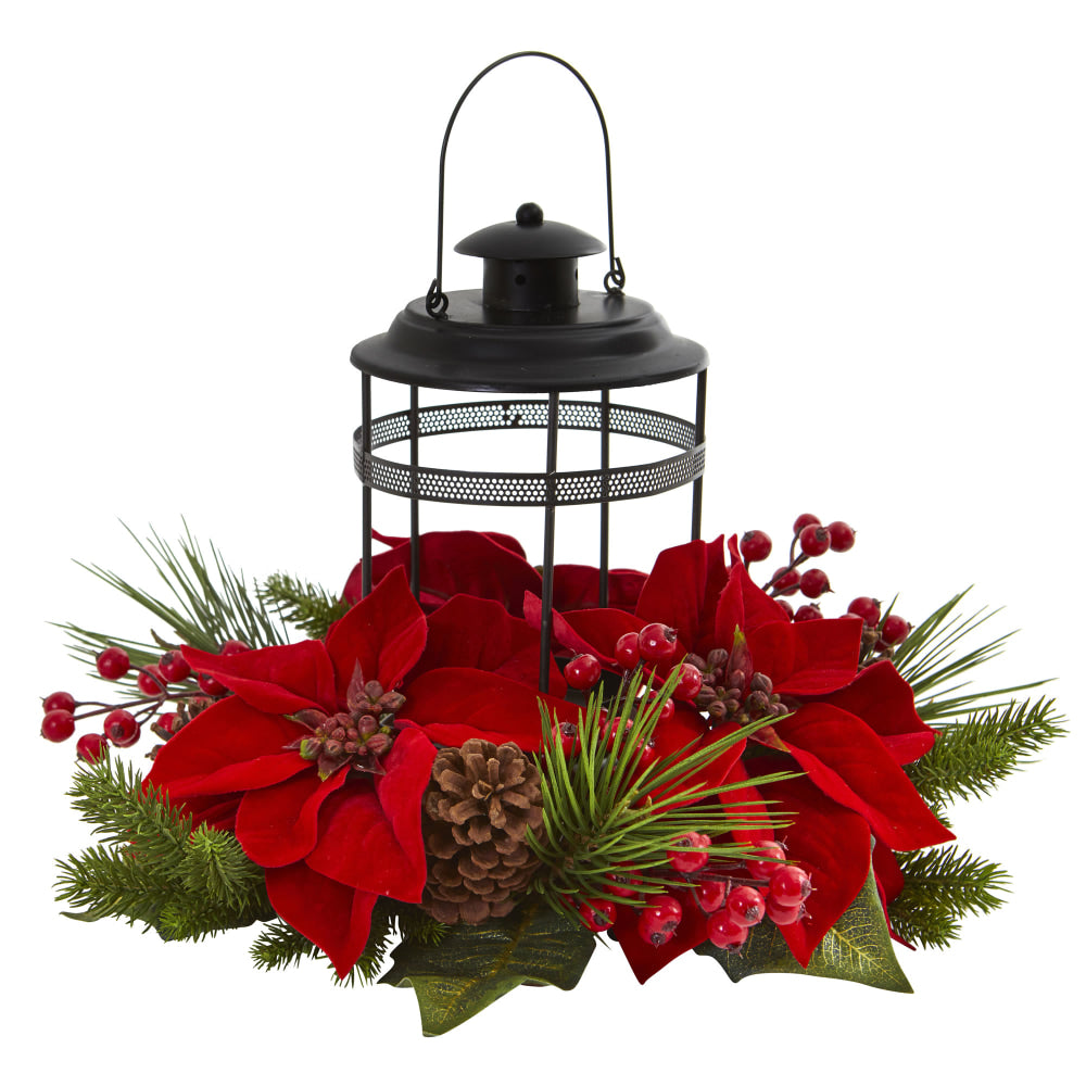 Nearly Natural 13inH Poinsettia Berry Pine Artificial Arrangement Candelabrum, 13inH x 18inW x 18inD, Black/Red