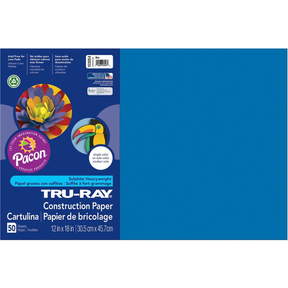 Tru-Ray Construction Paper, 50% Recycled, 12in x 18in, Blue, Pack Of 50