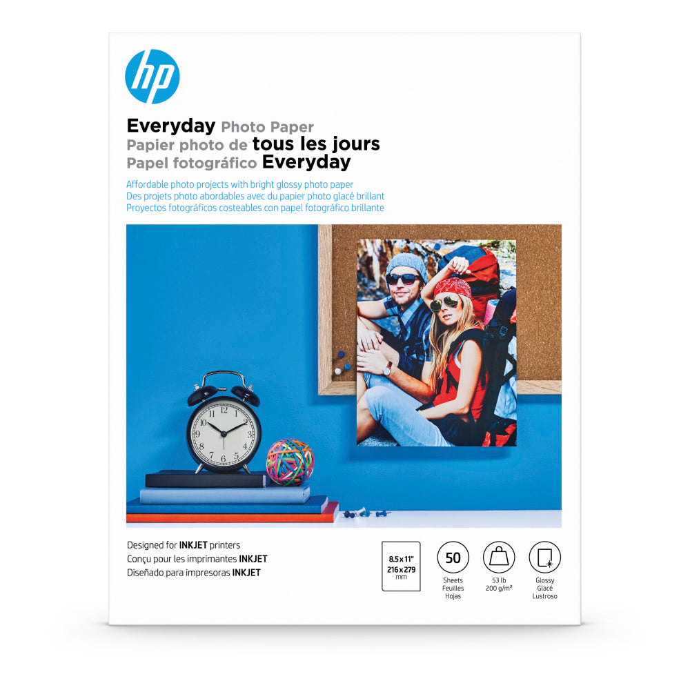 HP Everyday Photo Paper for Inkjet Printers, Glossy, Letter Size (8 1/2in x 11in), 53 Lb, Pack Of 50 Sheets (Q8723A)