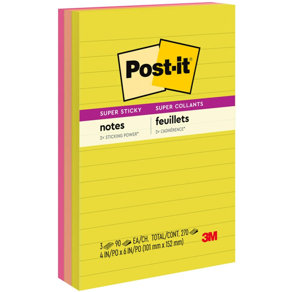 Post-it Super Sticky Notes, 4 in x 6 in, 3 Pads, 90 Sheets/Pad, 2x the Sticking Power, Summer Joy Collection, Lined