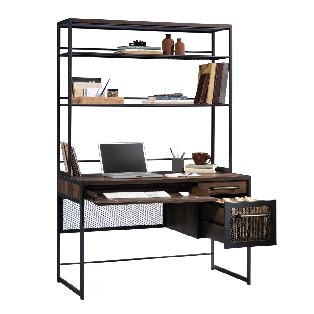 Sauder Briarbrook 48inW Computer Desk With Hutch And Filing Drawer, Barrel Oak/Black