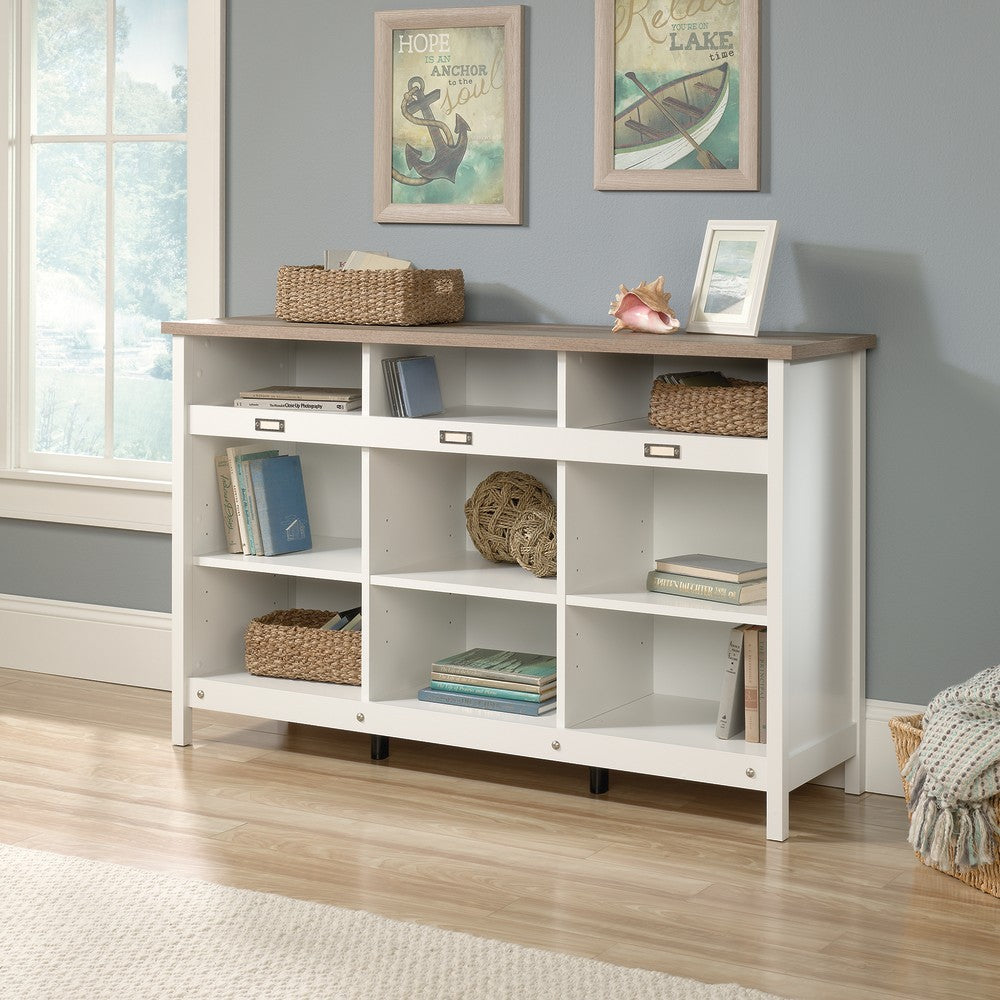 Sauder Adept 37inH Storage 9-Shelf Bookcase Credenza, Lintel Oak/Soft White