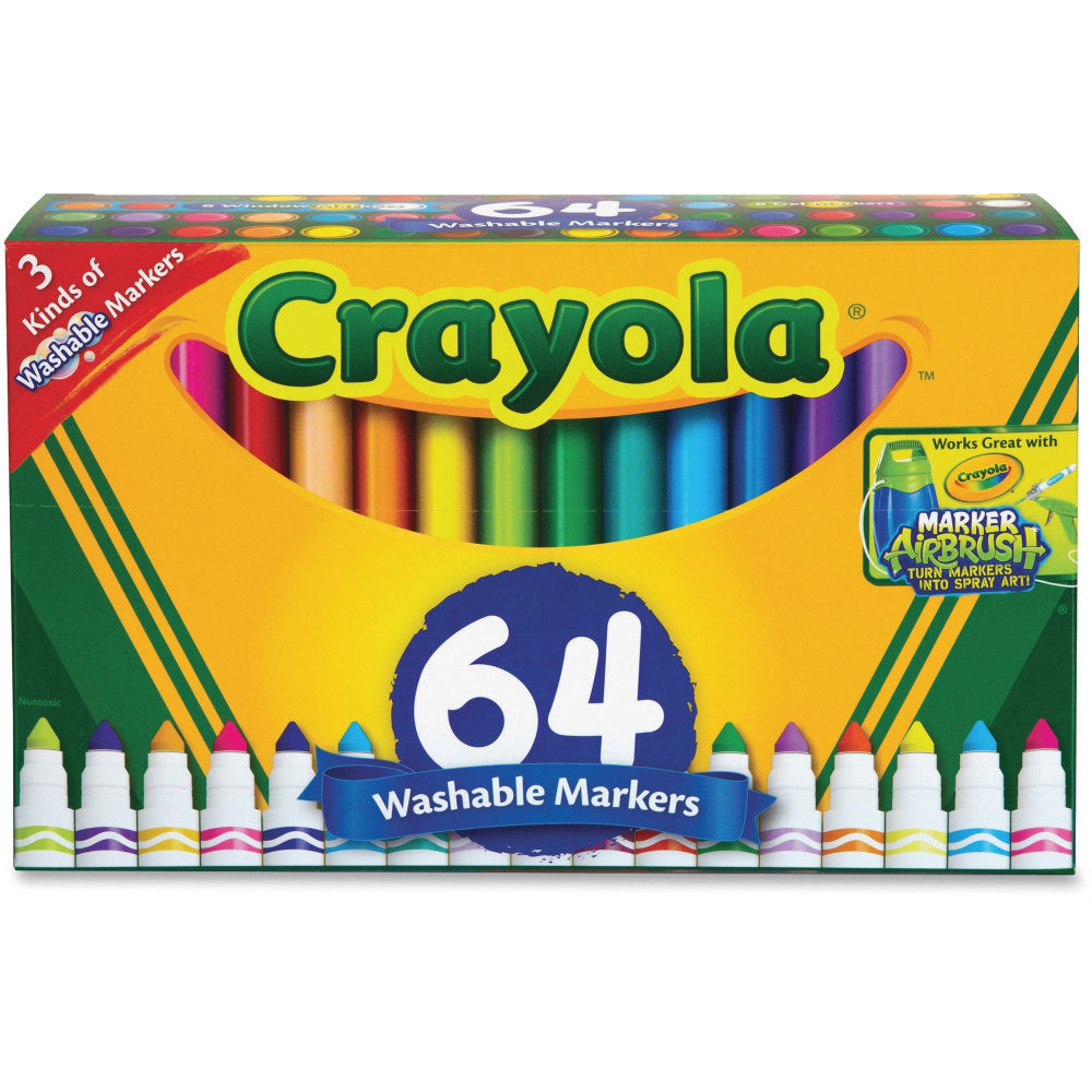 Crayola Washable Markers, Set Of 64 Markers, Conical Point, Assorted Colors