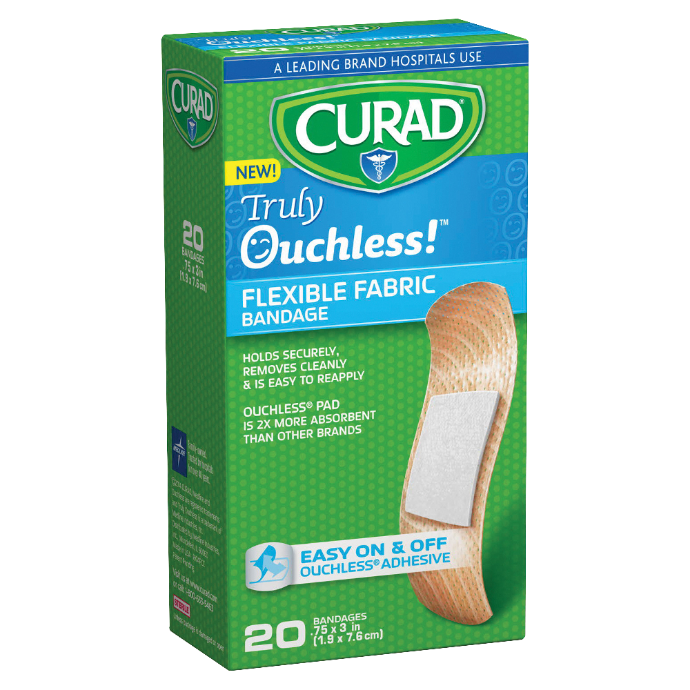 CURAD Truly Ouchless Self-Adhesive Bandage Strips, 3/4in x 3in, Beige, Pack Of 20