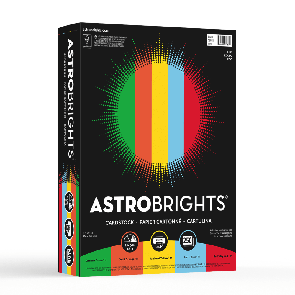 Astrobrights Color Card Stock, Assorted Colors, Letter (8.5in x 11in), 65 Lb, 30% Recycled, FSC Certified, Pack Of 250