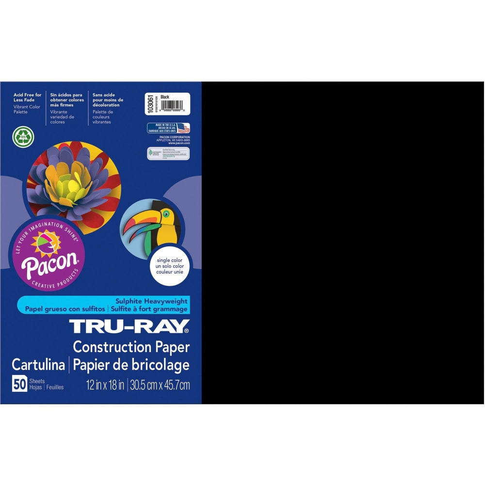 Tru-Ray Construction Paper, 50% Recycled, 12in x 18in, Black, Pack Of 50