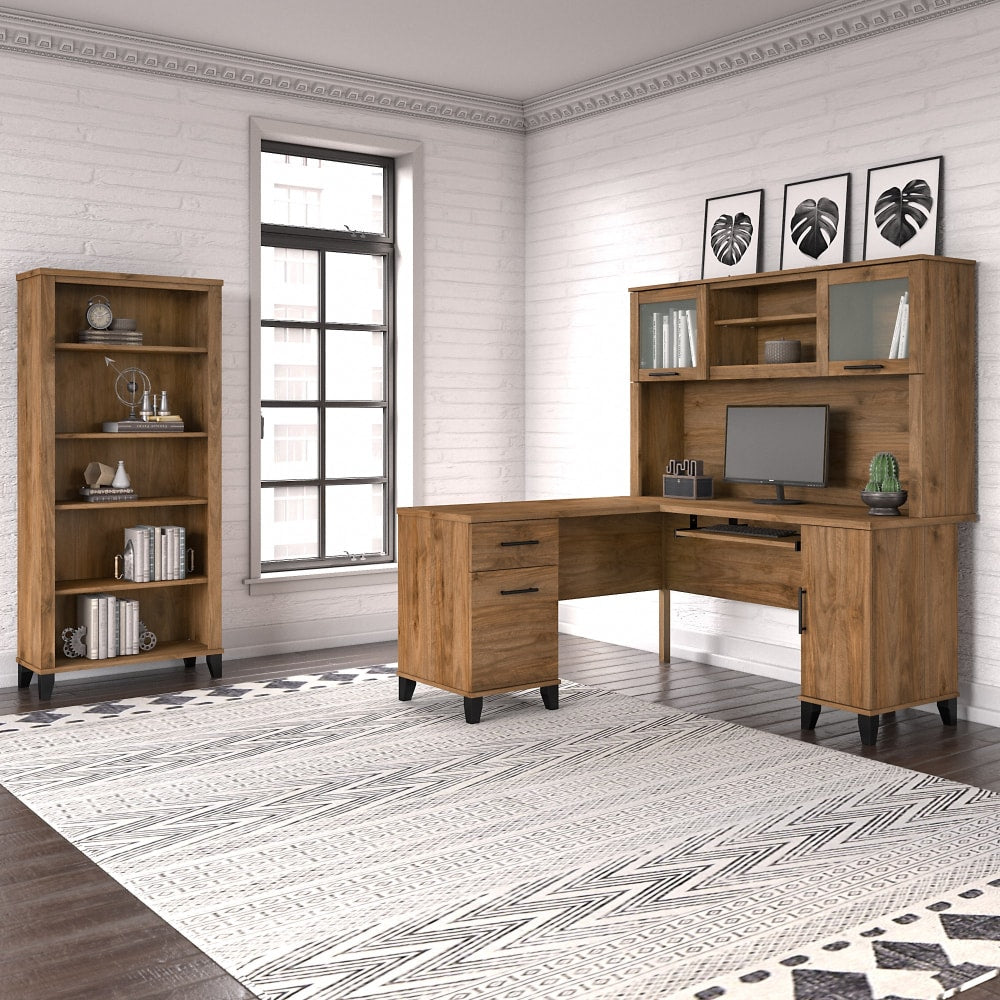 Bush Furniture Somerset 60inW L-Shaped Desk With Hutch And 5-Shelf Bookcase, Fresh Walnut, Standard Delivery