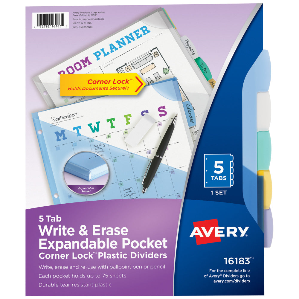 Avery Corner Lock Write & Erase Plastic Dividers With Expandable Pockets, 9-1/4in x 11-1/4in, Multicolor, Set Of 5 Tabs