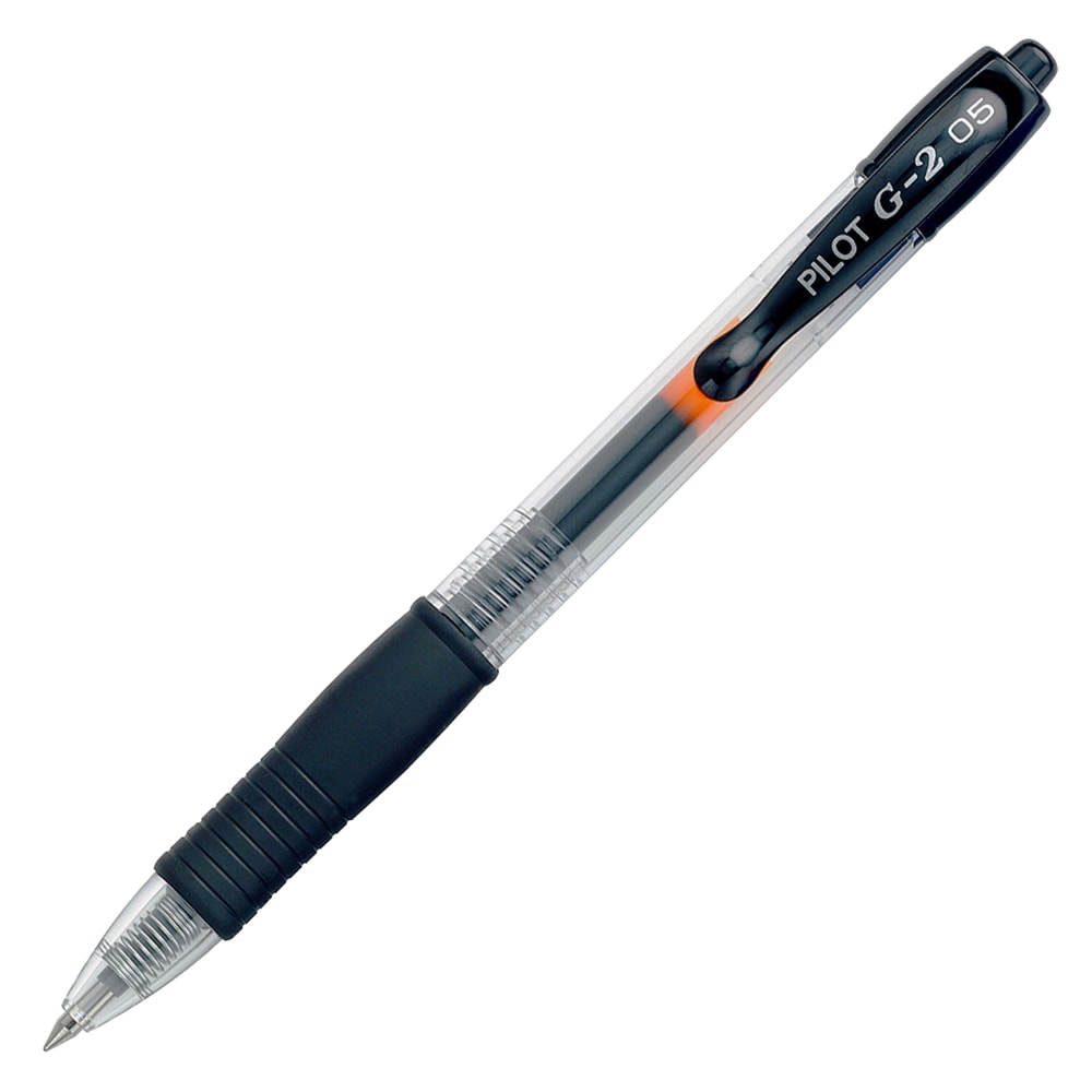 Pilot G2 Retractable Gel Pens, Extra Fine Point, 0.5 mm, Clear Barrels, Black Ink, Pack Of 12