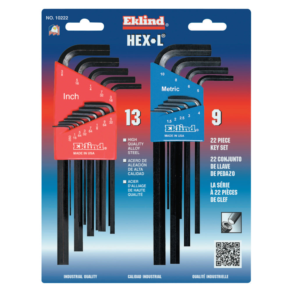 Eklind 22-Piece L Wrench Hex Key Set, SAE and Metric