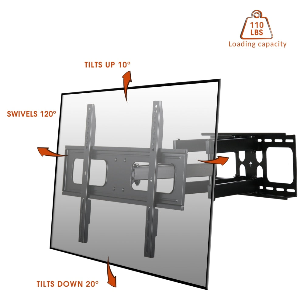 MegaMounts Full Motion Double Articulating Wall Mount For 32 - 70in TVs, 20inH x 26inW x 8inD, Black