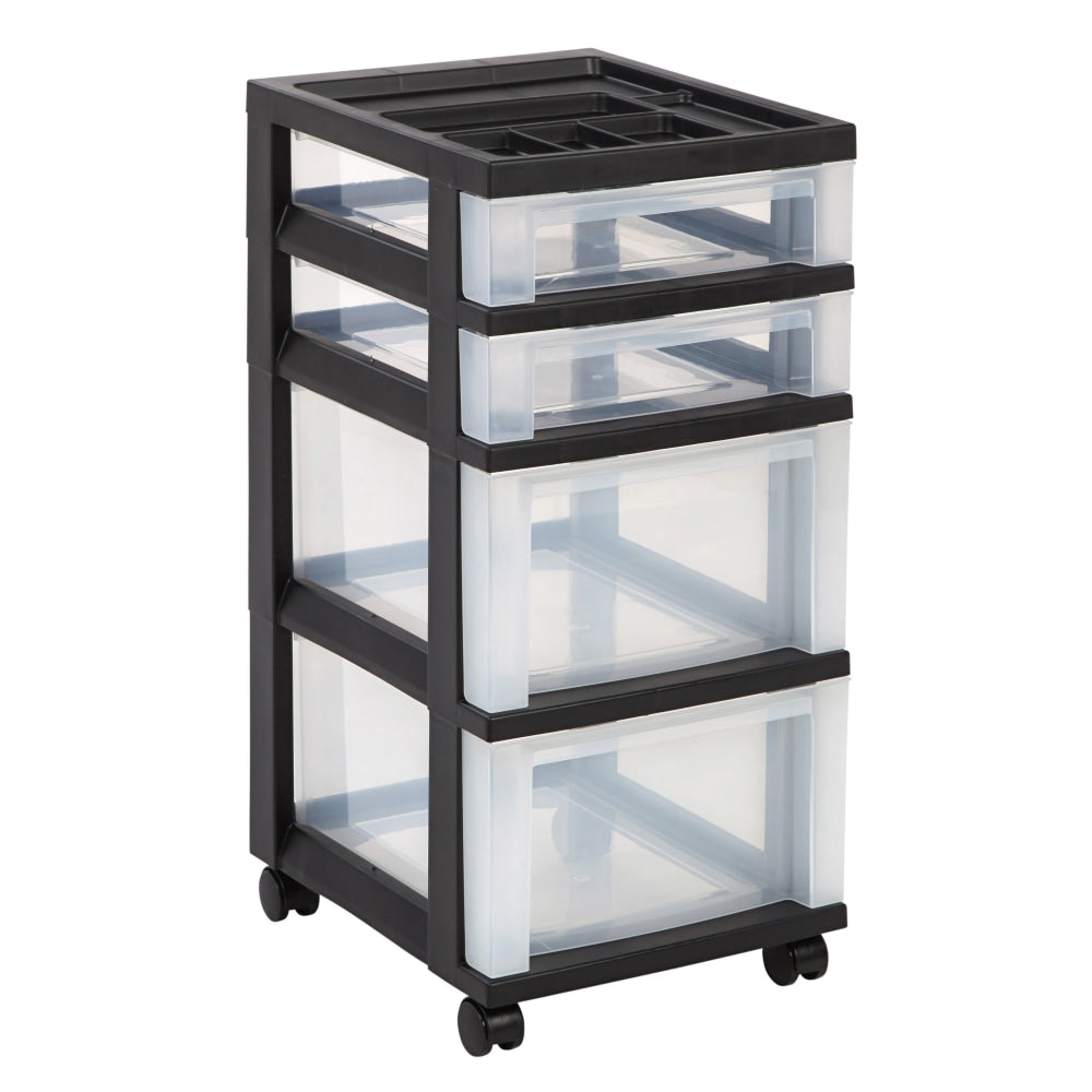 Iris Plastic 4-Drawer Rolling Storage Cart, 26 7/16inH x 12 1/8inW x 14 15/16inD, Clear/Black