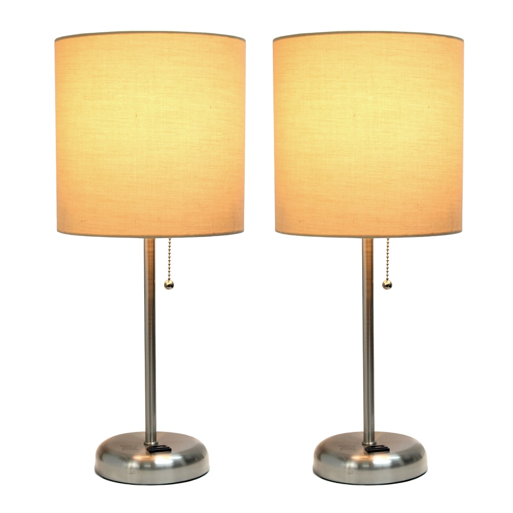 LimeLights Brushed Steel Stick Lamp with Charging Outlet and Tan Fabric Shade 2 Pack Set