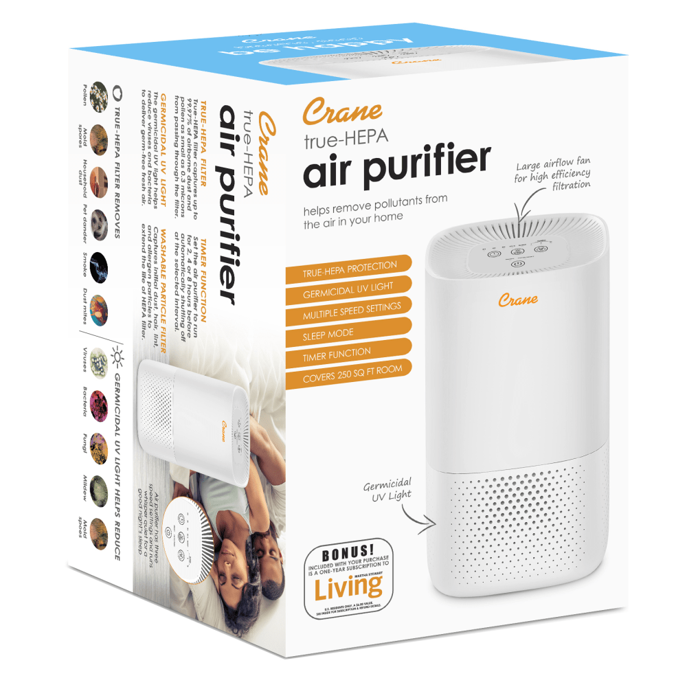 Crane True HEPA Air Purifier with Germicidal UV Light, 250 Sq Ft. Coverage, 7 2/3in x 7 2/3in x 12 2/3in, White