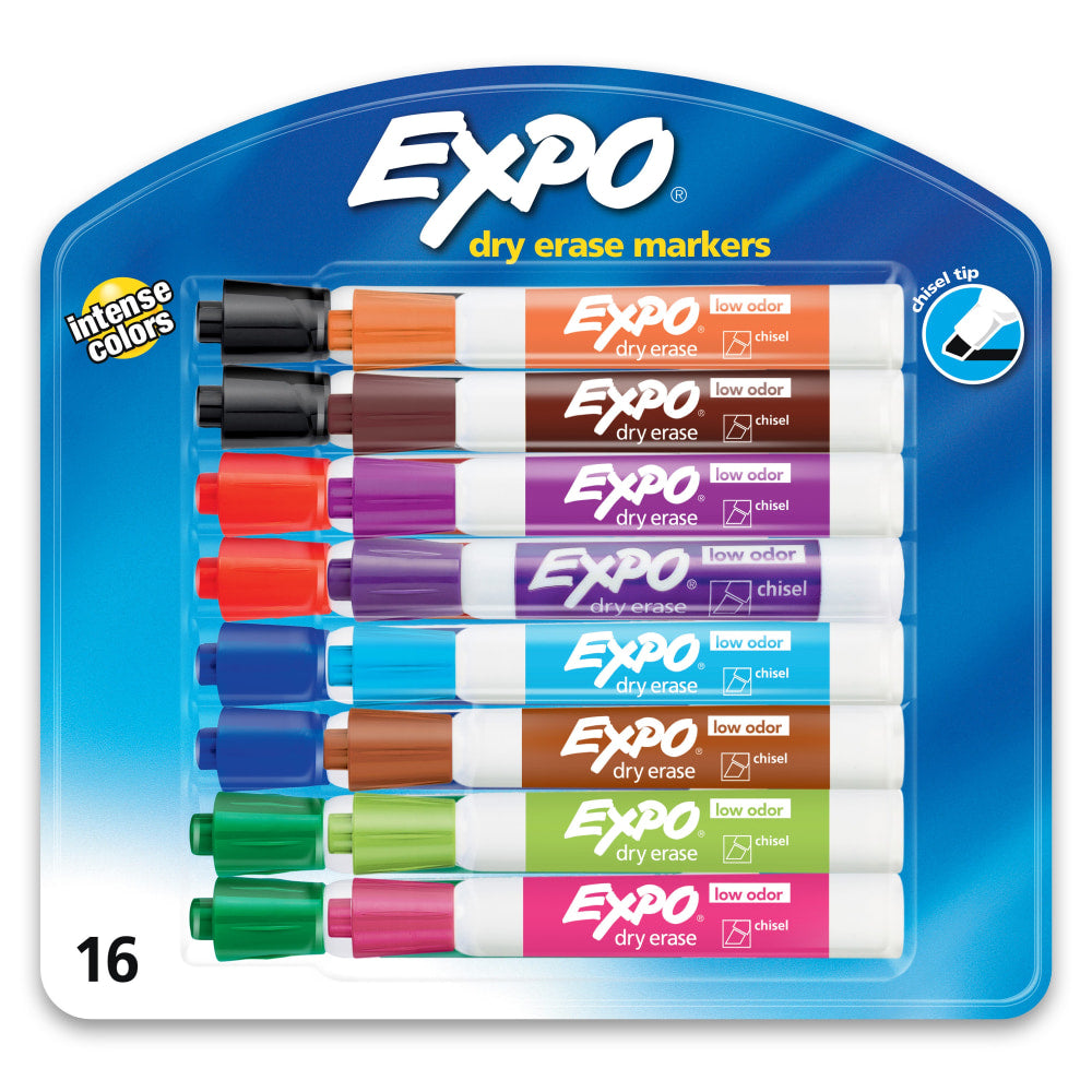 EXPO Low-Odor Dry-Erase Markers, Chisel Point, Assorted Colors, Pack Of 16