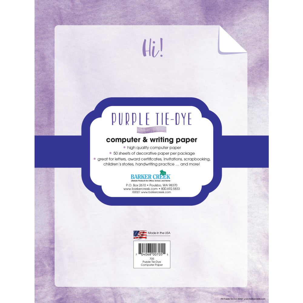 Barker Creek Designer Computer Paper, 8-1/2in x 11in, Purple Tie-Dye, Pack Of 50 Sheets