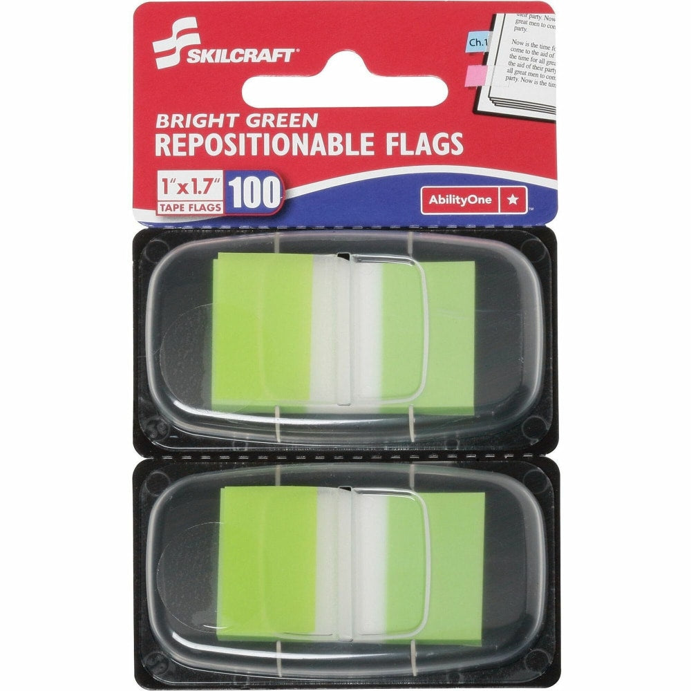 SKILCRAFT 70% Recycled Self-Stick Marker Flags,1in x 1 3/4in, Bright Green, 50 Flags Per Pad, Pack Of 2 (AbilityOne 7510-01-399-1152)