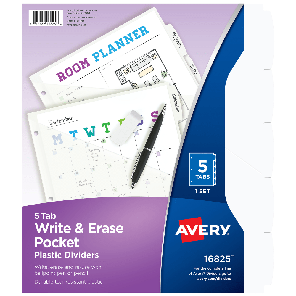 Avery Write & Erase Durable Plastic Divider With Pocket, 5 Tabs, 9 1/4in x 11 1/4in, White